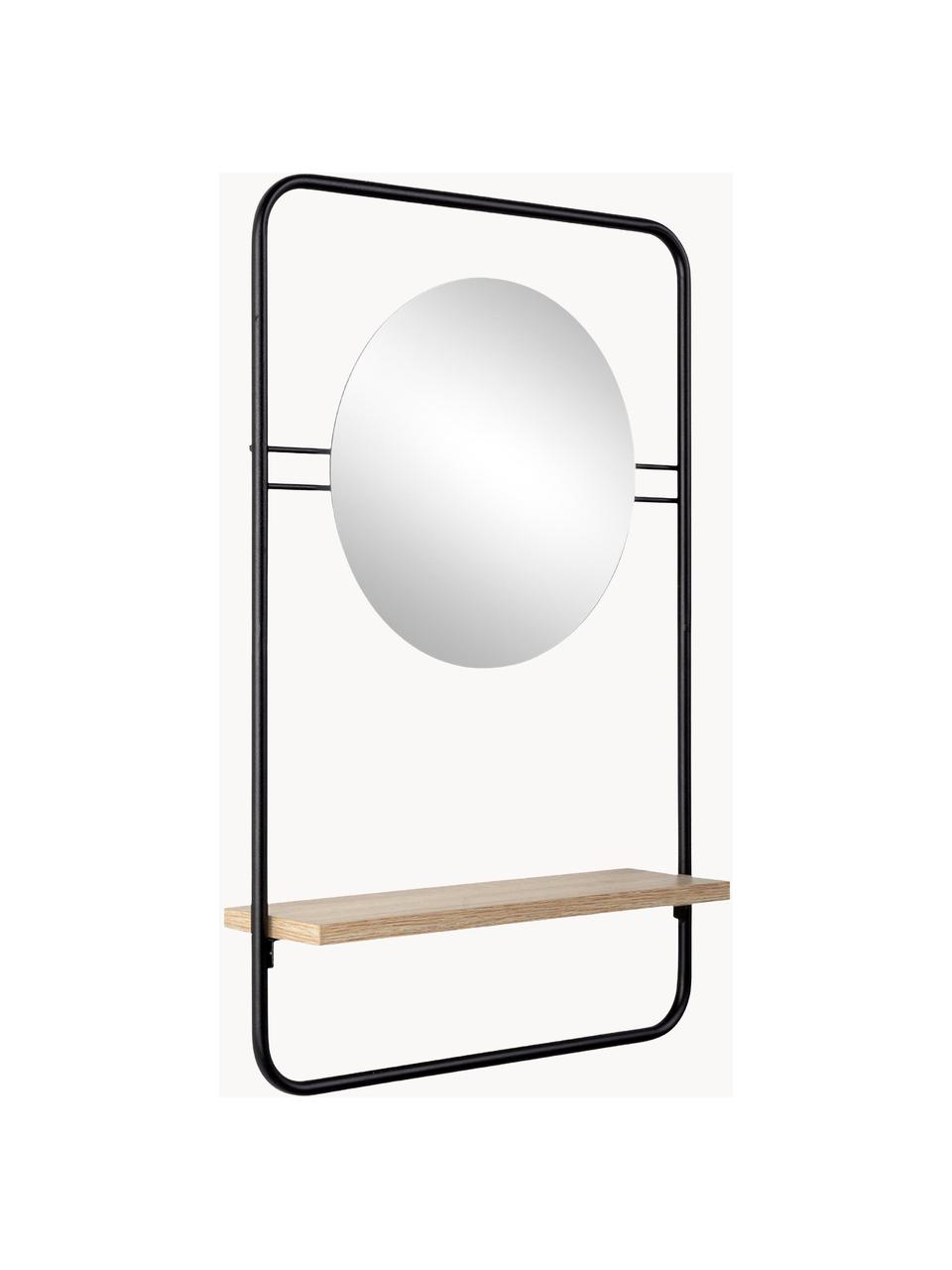 Miroir mural rond avec étagère Quiete, Noir, bois clair, larg. 41 x haut. 64 cm