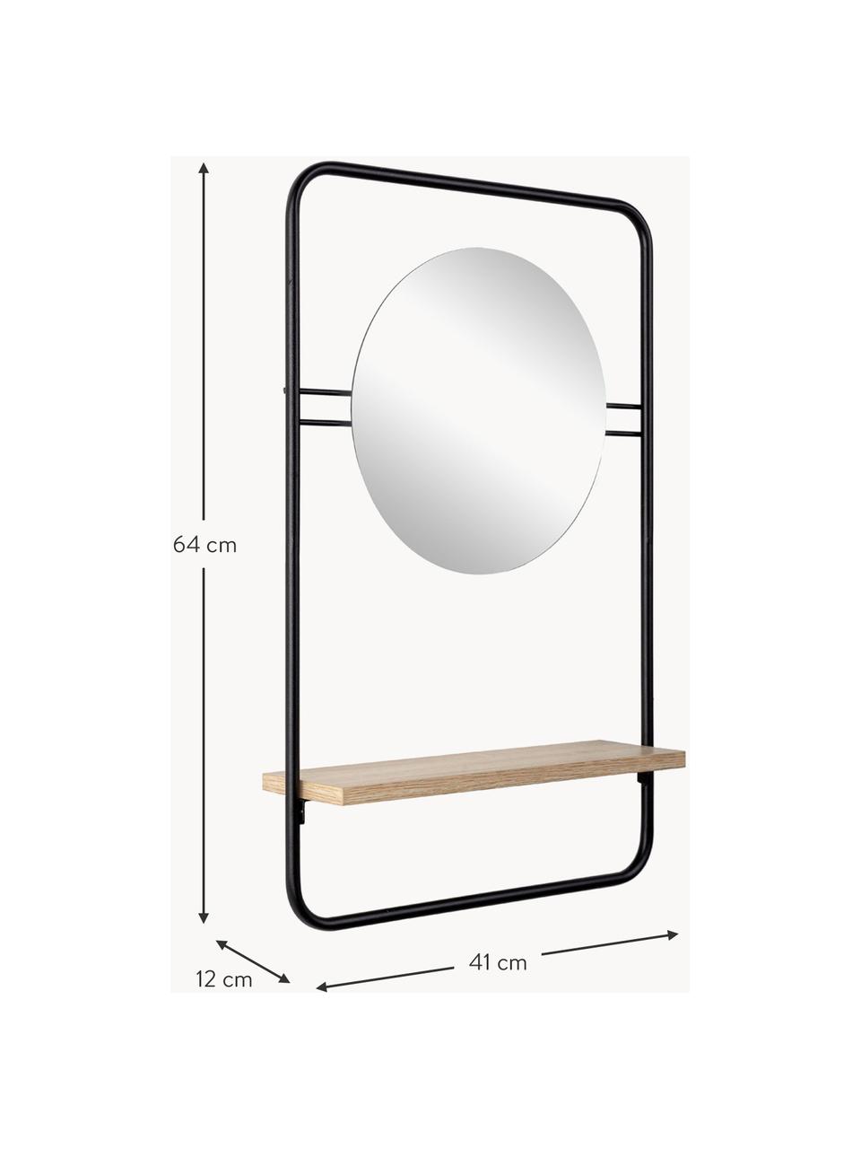 Miroir mural rond avec étagère Quiete, Noir, bois clair, larg. 41 x haut. 64 cm