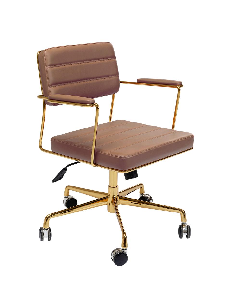 Silla de oficina de cuero sintético Dottore, Tapizado: cuero sintético (poliuret, Asiento: madera contrachapada natu, Estructura: aluminio pulido, Ruedas: poliuretano, Cuero sintético marrón, dorado, An 44 x F 50 cm