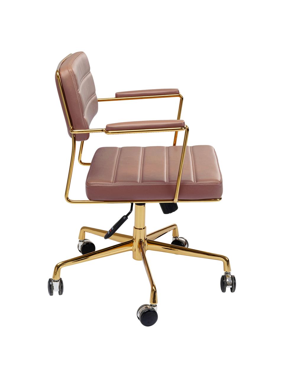 Sedia da scrivania in similpelle Dottore, Rivestimento: similpelle (poliuretano), Seduta: compensato naturale, Struttura: alluminio lucido, Ruote: poliuretano, Similpelle marrone, dorato, Larg. 44 x Prof. 50 cm