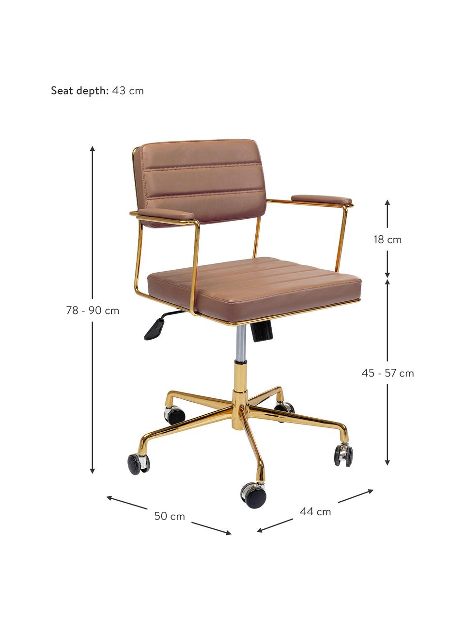 Krzesło biurowe ze sztucznej skóry Dottore, obrotowe, Tapicerka: sztuczna skóra (poliureta, Stelaż: aluminium polerowane, Brązowa sztuczna skóra, odcienie złotego, S 44 x G 50 cm