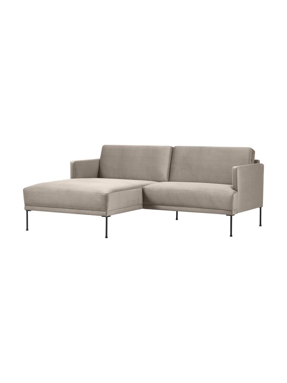 Sofa narożna z aksamitu z metalowymi nogami Fluente, Tapicerka: aksamit (100% poliester) , Stelaż: lite drewno sosnowe z cer, Nogi: metal malowany proszkowo, Beżowy aksamit, S 198 x G 152 cm, lewostronna