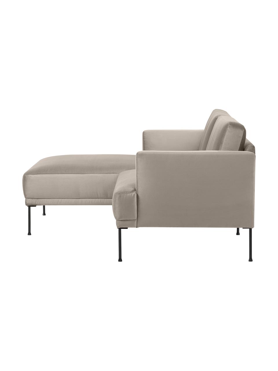 Divanetto angolare in velluto con piedini in metallo Fluente, Rivestimento: velluto (100% poliestere), Struttura: legno di pino massiccio, , Piedini: metallo verniciato a polv, Velluto beige, Larg. 198 x Prof. 152 cm, chaise-longue a sinistra