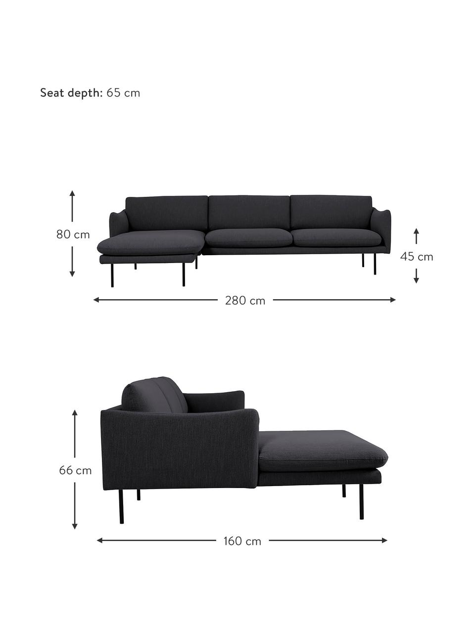 Sofá rinconera Moby, Tapizado: poliéster Alta resistenci, Estructura: madera de pino maciza, Patas: metal, Tejido gris oscuro, An 280 x F 160 cm, chaise longue izquierda