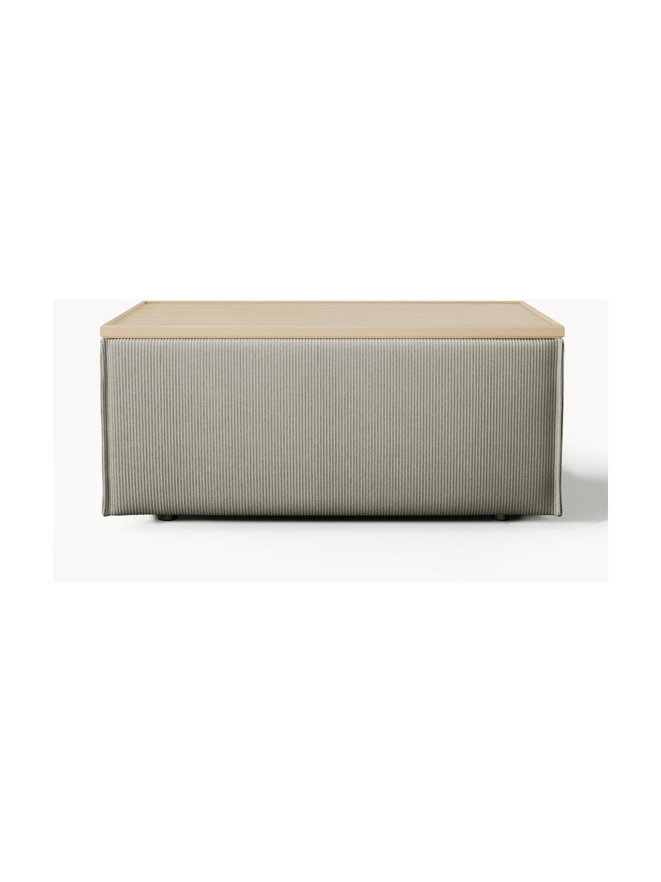 Sofa-Hocker Lennon aus Cord mit Stauraum, Bezug: Cord (92 % Polyester, 8 %, Tablett: Eichenholz, Spannplatte m, Gestell: Spanplatte, mitteldichte , Füße: Kunststoff Dieses Produkt, Cord Grau, helles Eichenholz, B 88 x T 50 cm