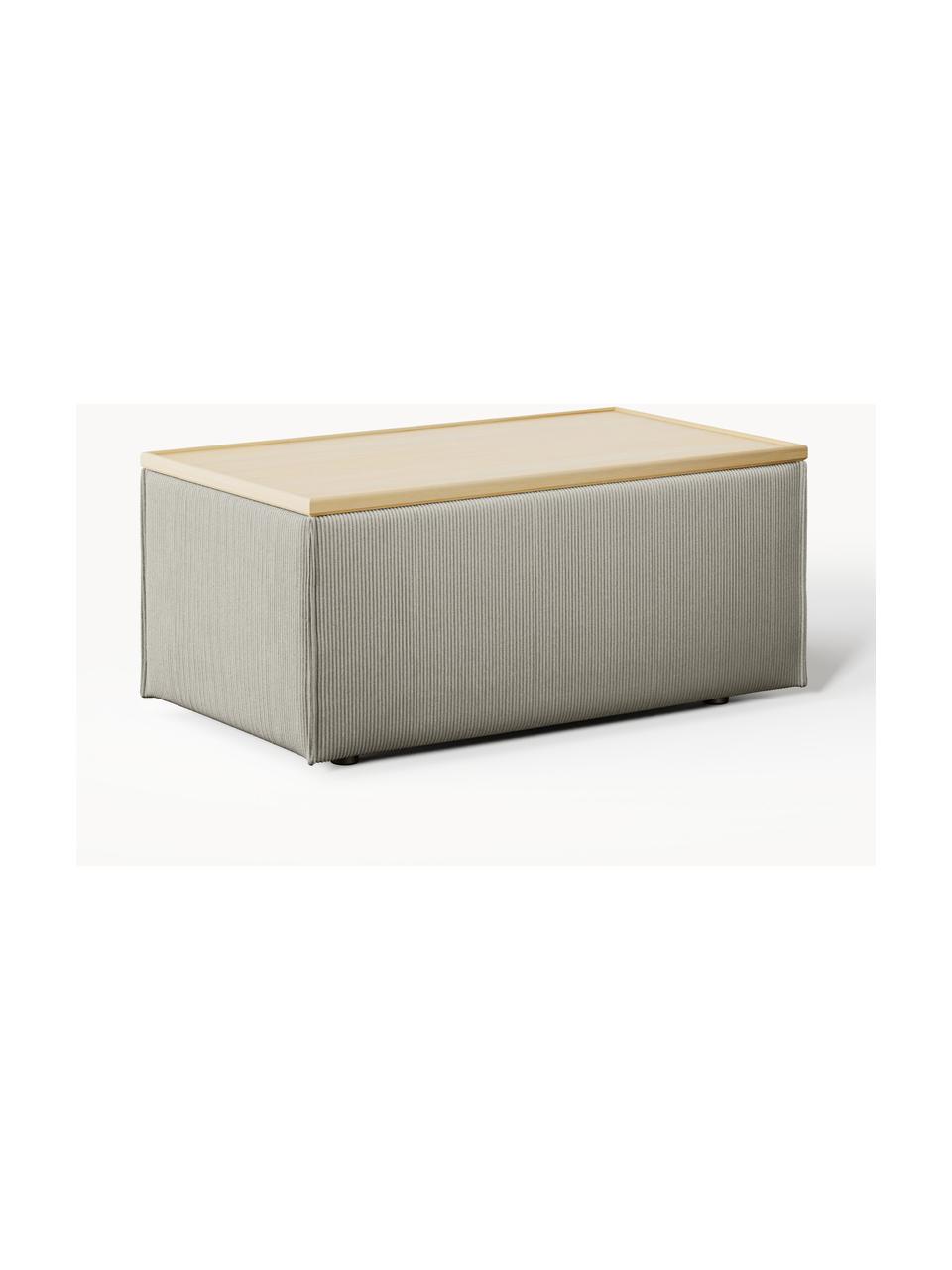 Sofa-Hocker Lennon aus Cord mit Stauraum, Bezug: Cord (92 % Polyester, 8 %, Tablett: Eichenholz, Spannplatte m, Gestell: Spanplatte, mitteldichte , Füße: Kunststoff Dieses Produkt, Cord Grau, helles Eichenholz, B 88 x T 50 cm