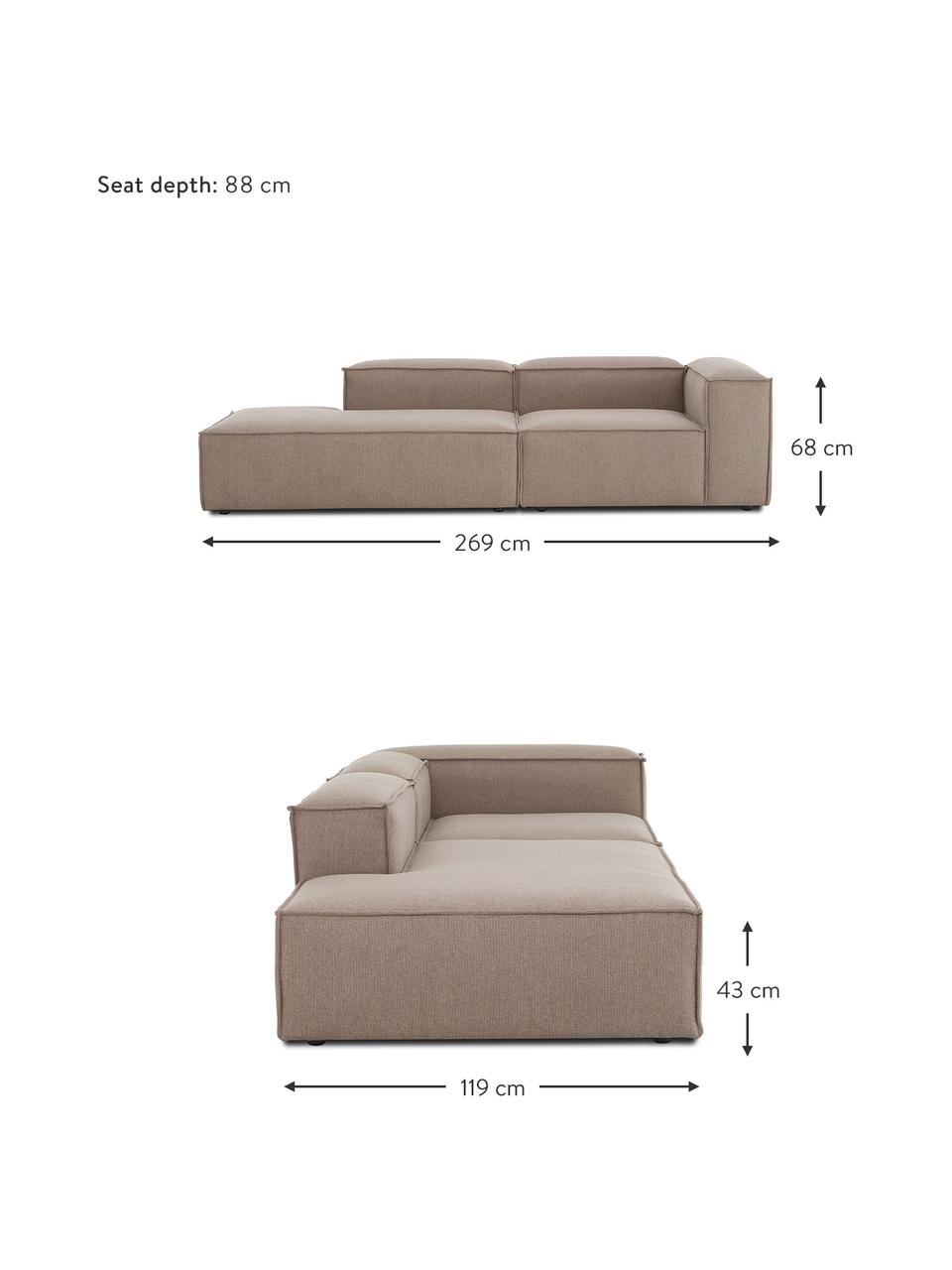 Chaise longue componibile Lennon, Rivestimento: 100% poliestere Con 115.0, Struttura: legno di pino massiccio, , Piedini: plastica, Tessuto taupe, Larg. 269 x Prof. 119 cm, schienale a destra