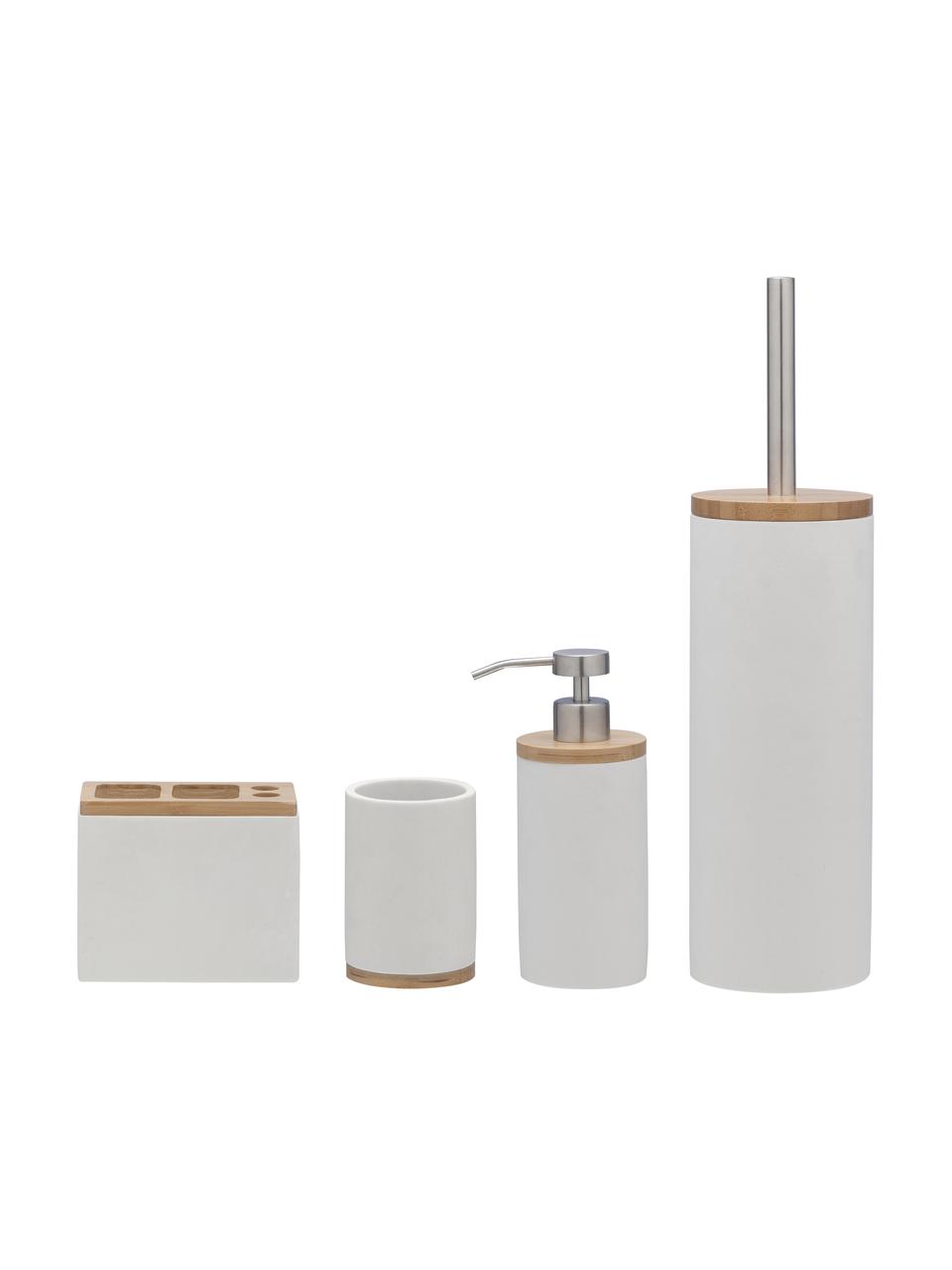 Seifenspender Grace mit Bambusholz, Gefäß: Polyresin, Pumpkopf: Kunststoff, Weiß, Ø 7 x H 18 cm