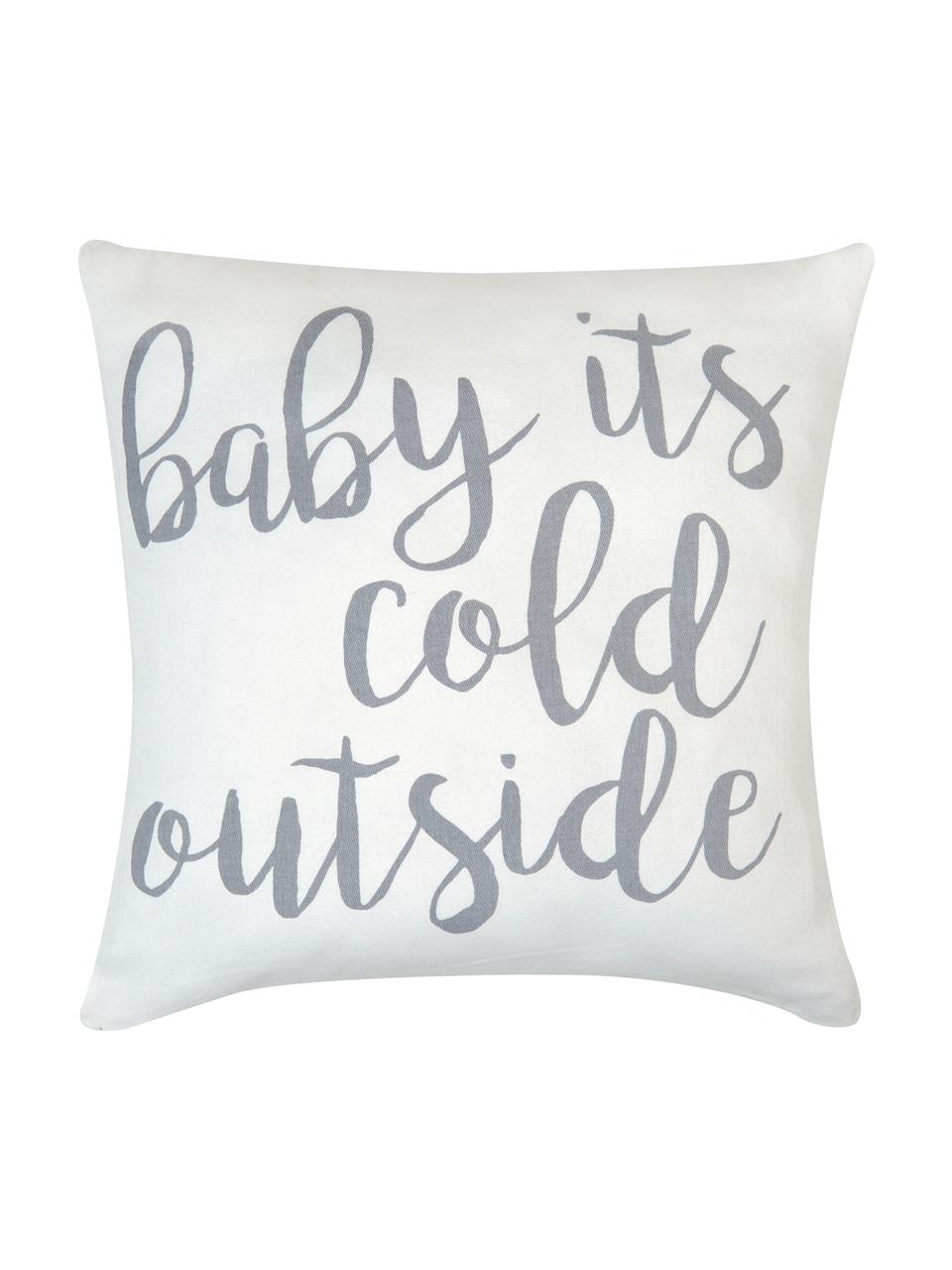Kissenhülle Cold Outside mit Schriftzug, Baumwolle, Panamabindung, Grau,Ecru, 40 x 40 cm