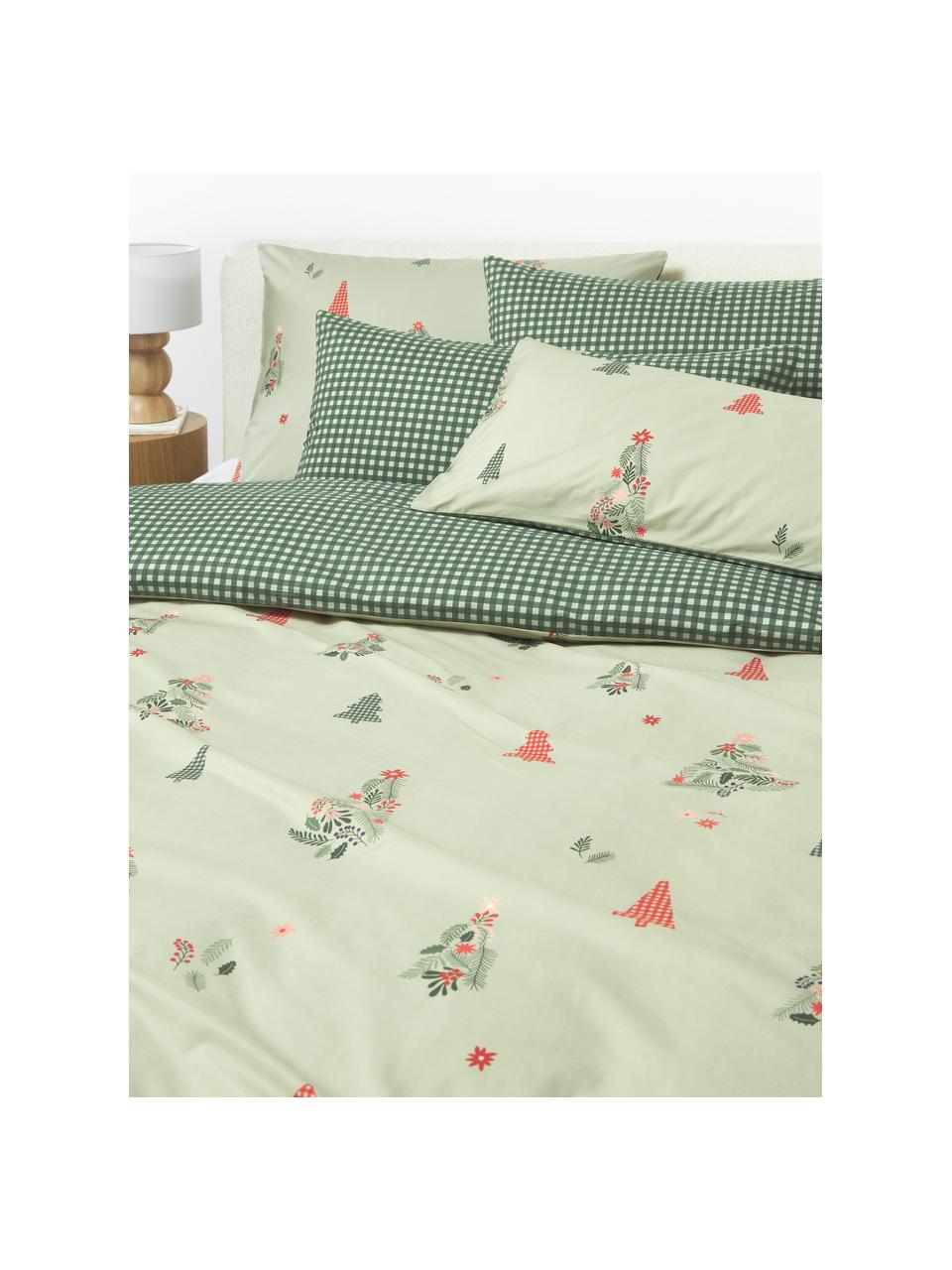 Taie d'oreiller en percale de coton Pine, Vert sauge, vert foncé, rouge, larg. 50 x long. 70 cm