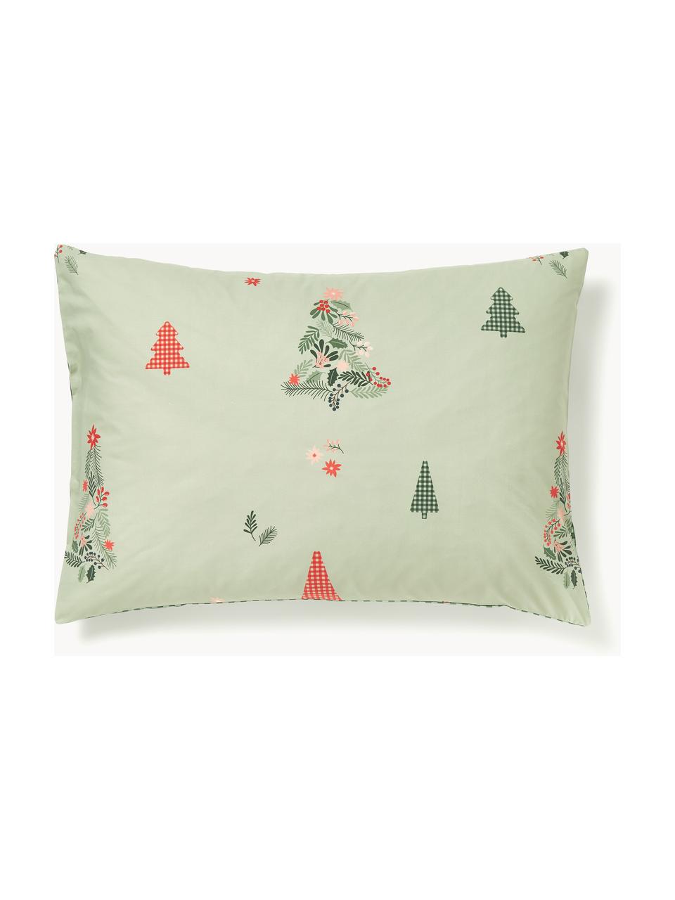 Taie d'oreiller en percale de coton Pine, Vert sauge, vert foncé, rouge, larg. 50 x long. 70 cm