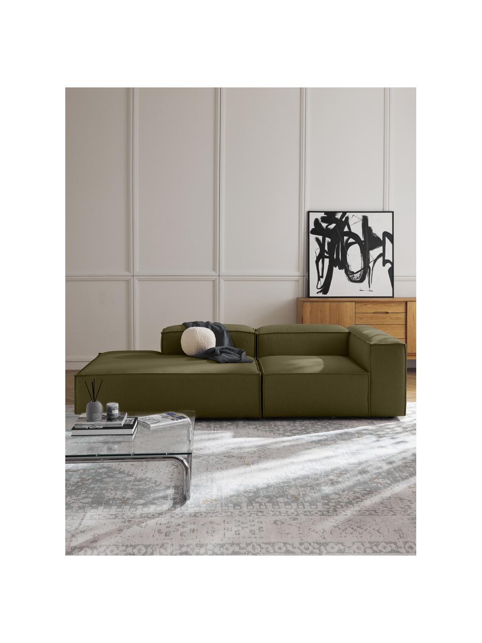 Chaise longue componibile Lennon, Rivestimento: 100% poliestere Con 115.0, Struttura: legno di pino massiccio, , Piedini: plastica Questo prodotto , Tessuto verde oliva, Larg. 269 x Prof. 119 cm, schienale a destra