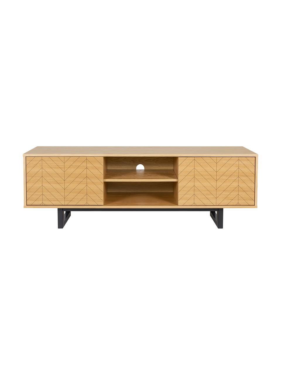 Tv-meubel Camden met deuren en eikenhoutfineer, Frame: MDF met eikenhoutfineer, Poten: gelakt berkenhout, Eikenhout, 150 x 50 cm