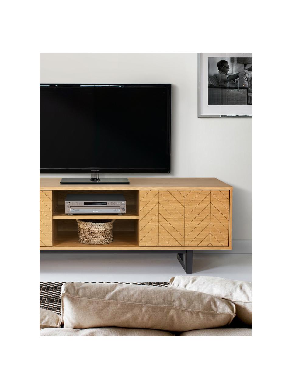 Tv-meubel Camden met deuren en eikenhoutfineer, Frame: MDF met eikenhoutfineer, Poten: gelakt berkenhout, Eikenhout, 150 x 50 cm