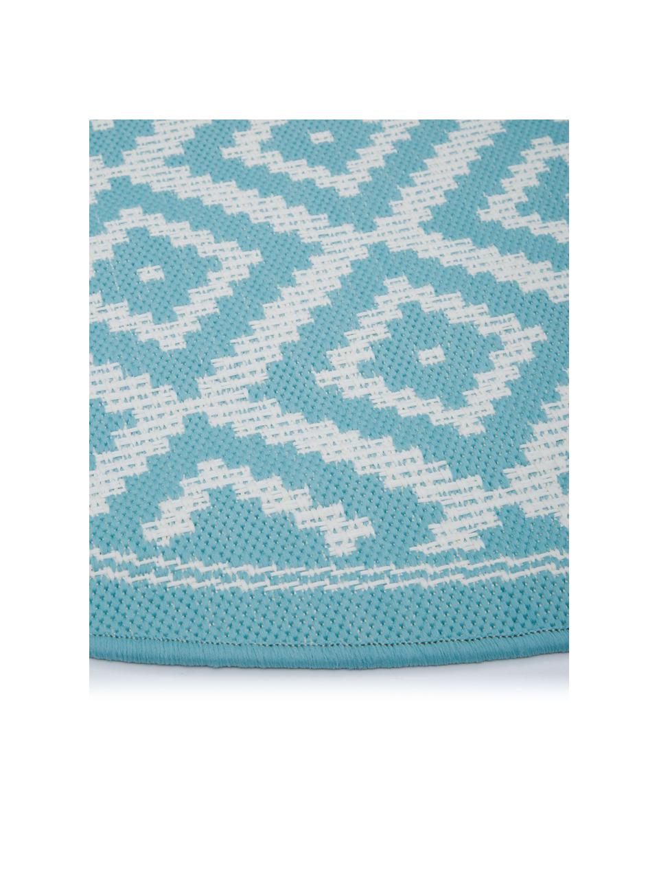 Rond in- en outdoor vloerkleed met patroon Miami in turquoise/wit, 86% polypropyleen, 14% polyester, Wit, turquoise, Ø 140 cm (maat M)