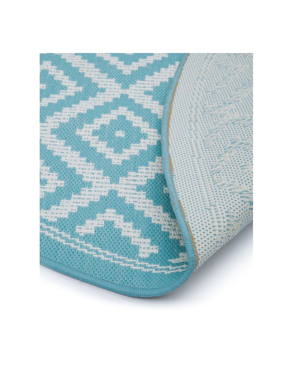 Rond in- en outdoor vloerkleed met patroon Miami in turquoise/wit, 86% polypropyleen, 14% polyester, Wit, turquoise, Ø 140 cm (maat M)