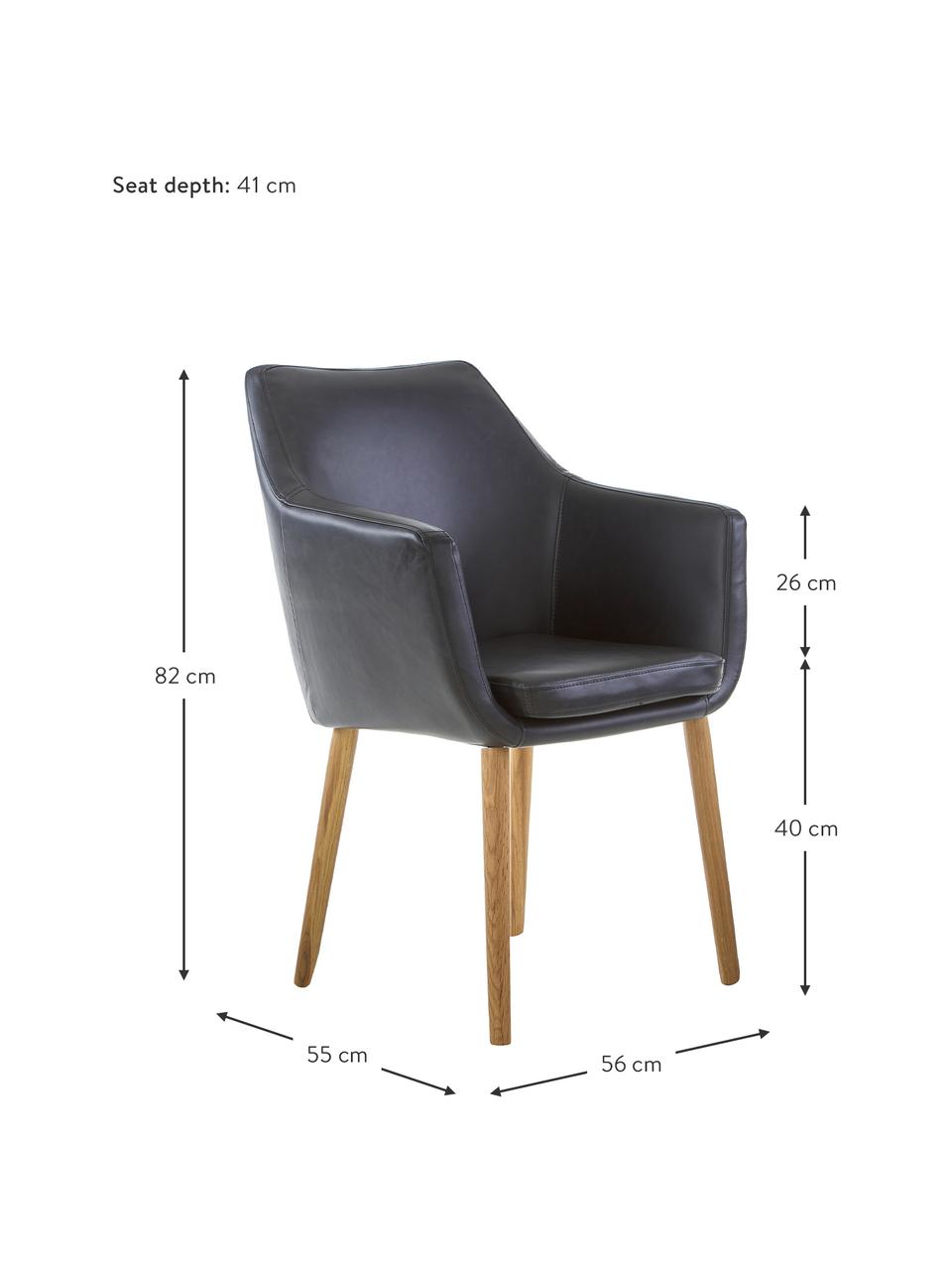 Sedia in similpelle con braccioli Nora, Rivestimento: similpelle (poliuretano) , Gambe: legno di quercia, Similpelle nera, gambe in quercia, Larg. 56 x Prof. 55 cm