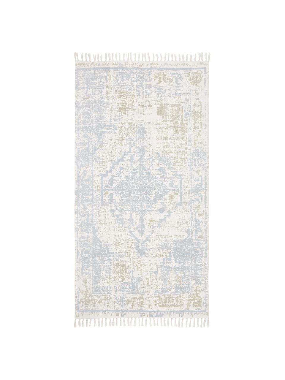 Handgeweven katoenen vloerkleed Jasmine in beige/blauw in vintage stijl, Blauwe en witte tinten, B 70 x L 140 cm (maat XS)