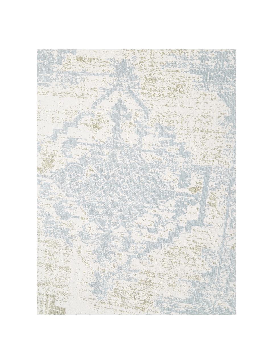 Tapis fin en coton beige-bleu vintage tissé main Jasmine, Tons bleus et blancs, larg. 70 x long. 140 cm (taille XS)
