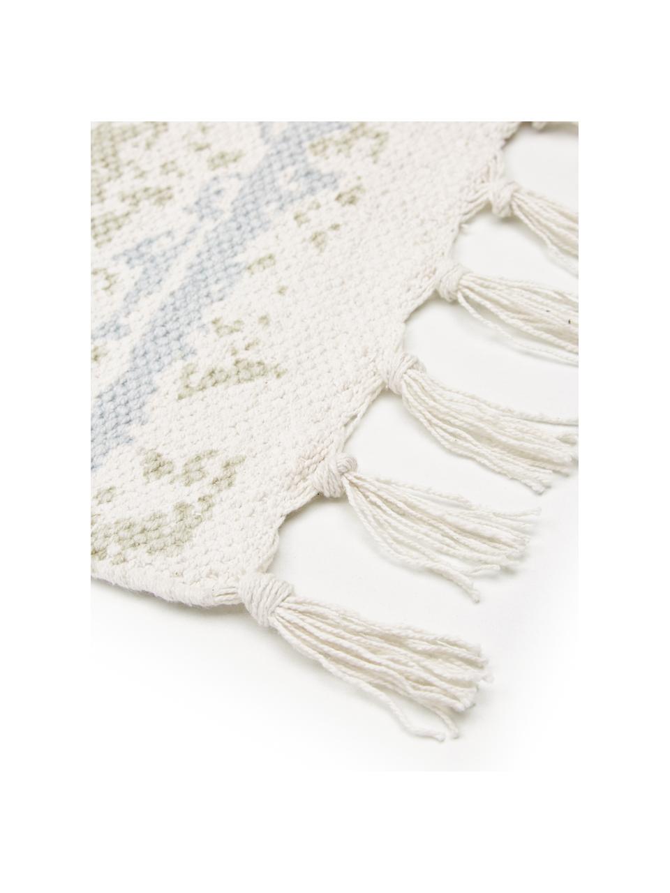 Tapis fin en coton beige-bleu vintage tissé main Jasmine, Tons bleus et blancs, larg. 70 x long. 140 cm (taille XS)