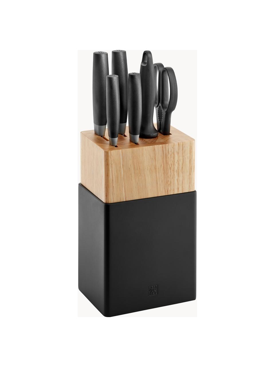 Súprava nožov v stojane z kaučukového dreva Now, 7 dielov, Svetlé drevo, čierna, strieborná, Súprava s rôznymi veľkosťami