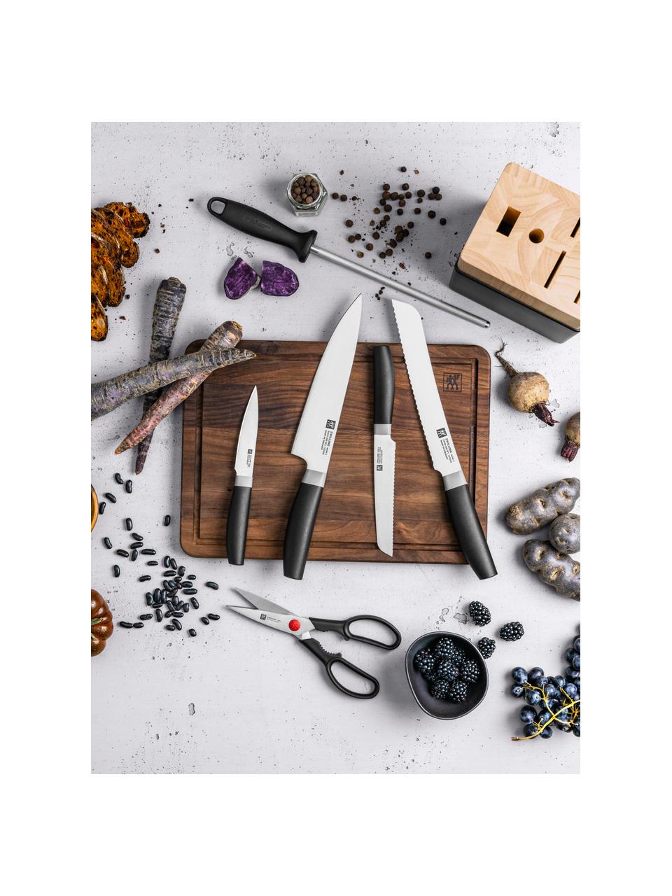 Set ceppo e coltelli in legno di albero della gomma Now 7 pz, Legno della gomma, nero, argento, Set in varie misure