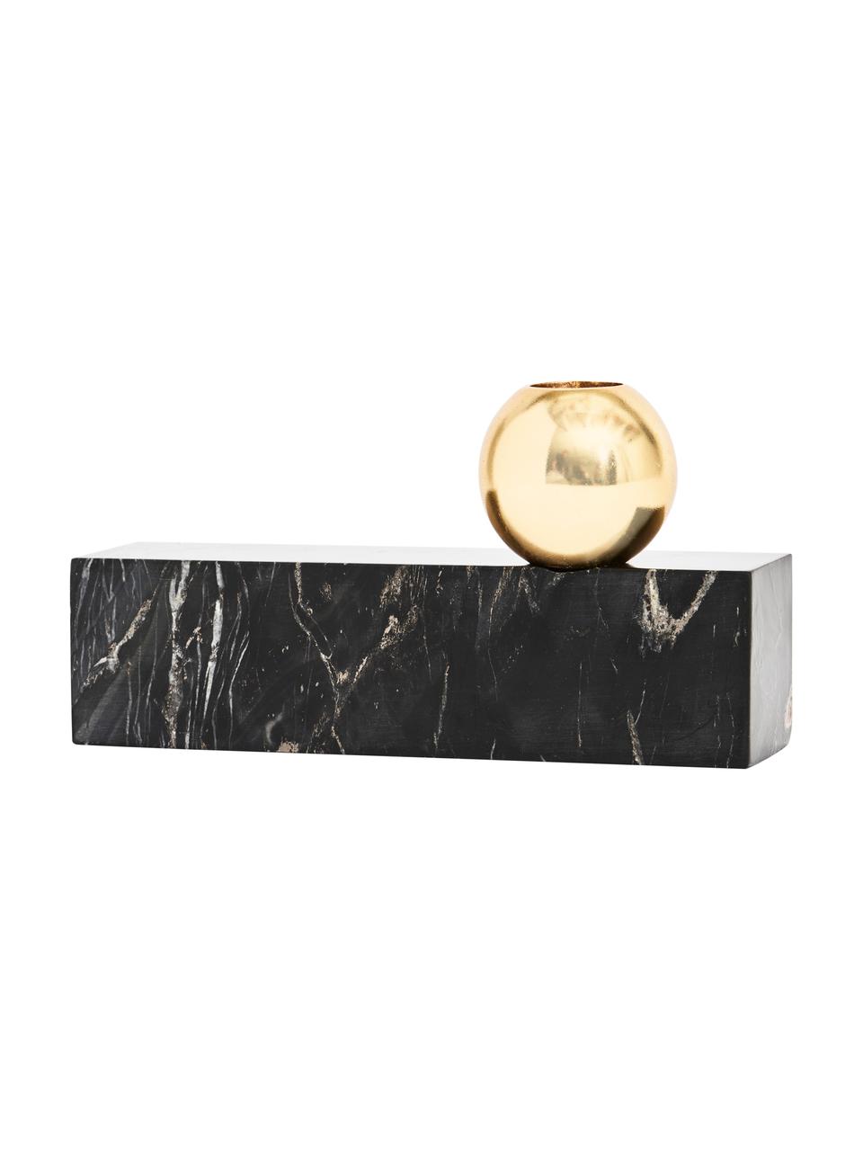 Marmeren kandelaar Tangent, Marmer, metaal, vermessingd, Gemarmerd zwart, messingkleurig, 16 x 15 cm