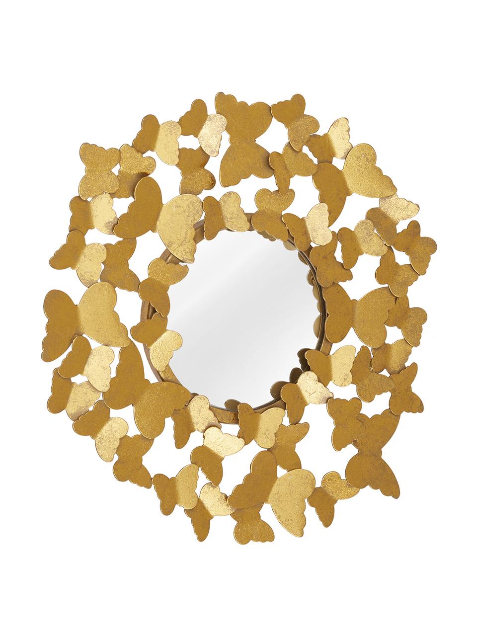 Ronde wandspiegel Butterfly met antieke afwerking in goudkleur, Lijst: gepoedercoat metaal, Goudkleurig, Ø 92 x D 4 cm