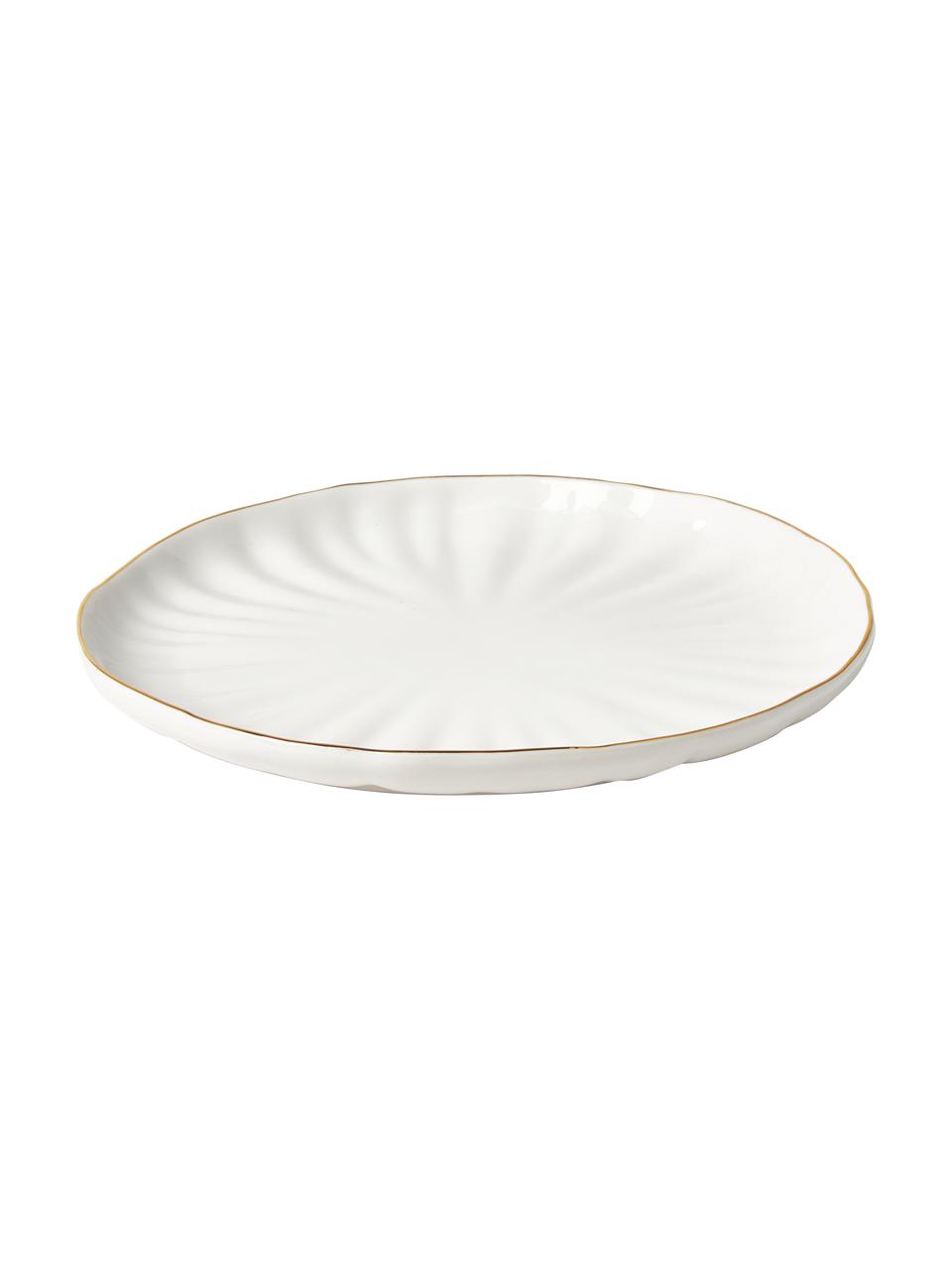 Ontbijtborden Sali van porselein met goudkleurige rand en reliëf, 2 stuks, Porselein, Wit, Ø 22 cm