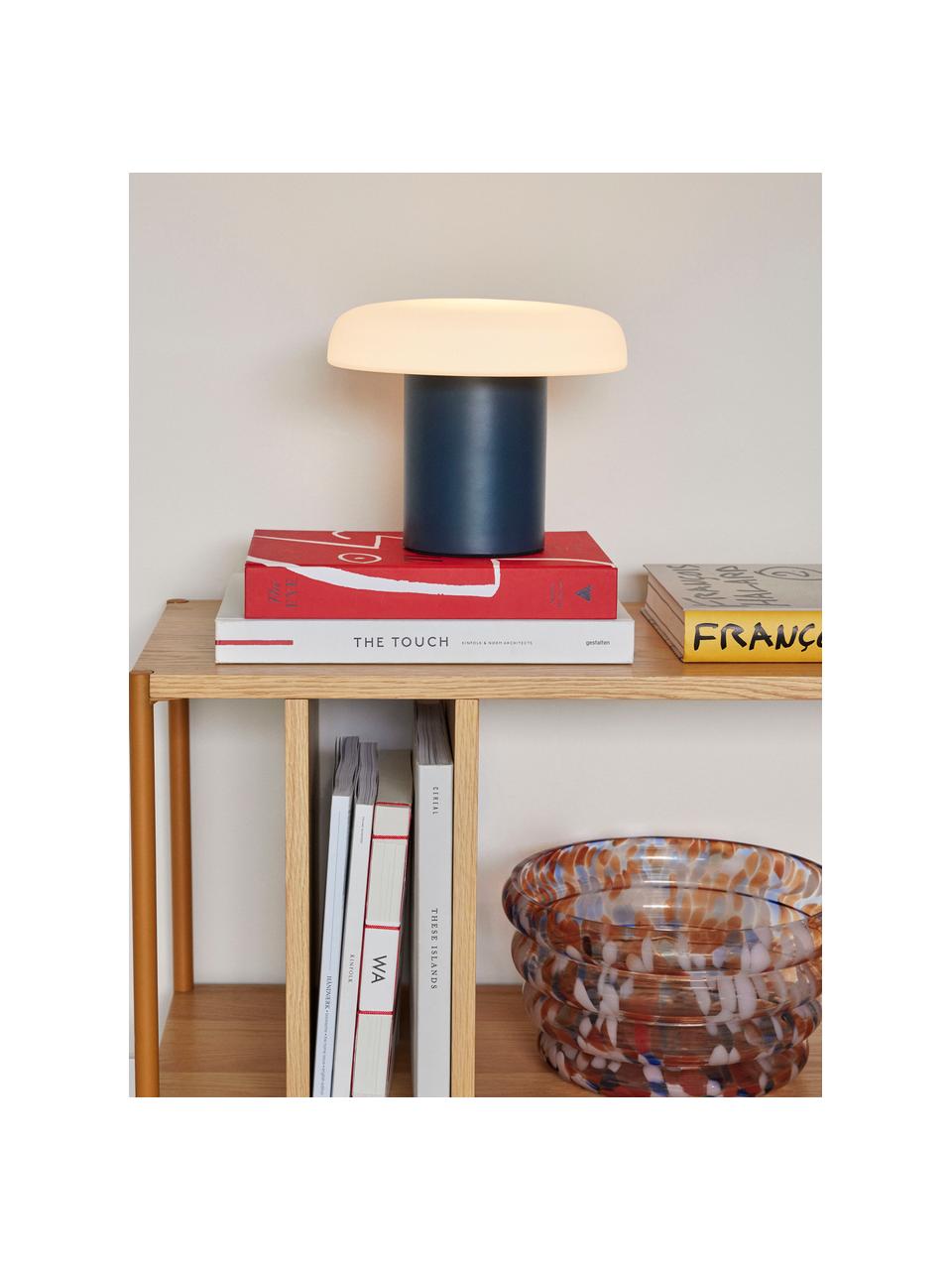 Kleine tafellamp Ateliers, handgemaakt, Lampenkap: glas, Lampvoet: gecoat metaal, Wit, donkerblauw, Ø 25 x H 20 cm