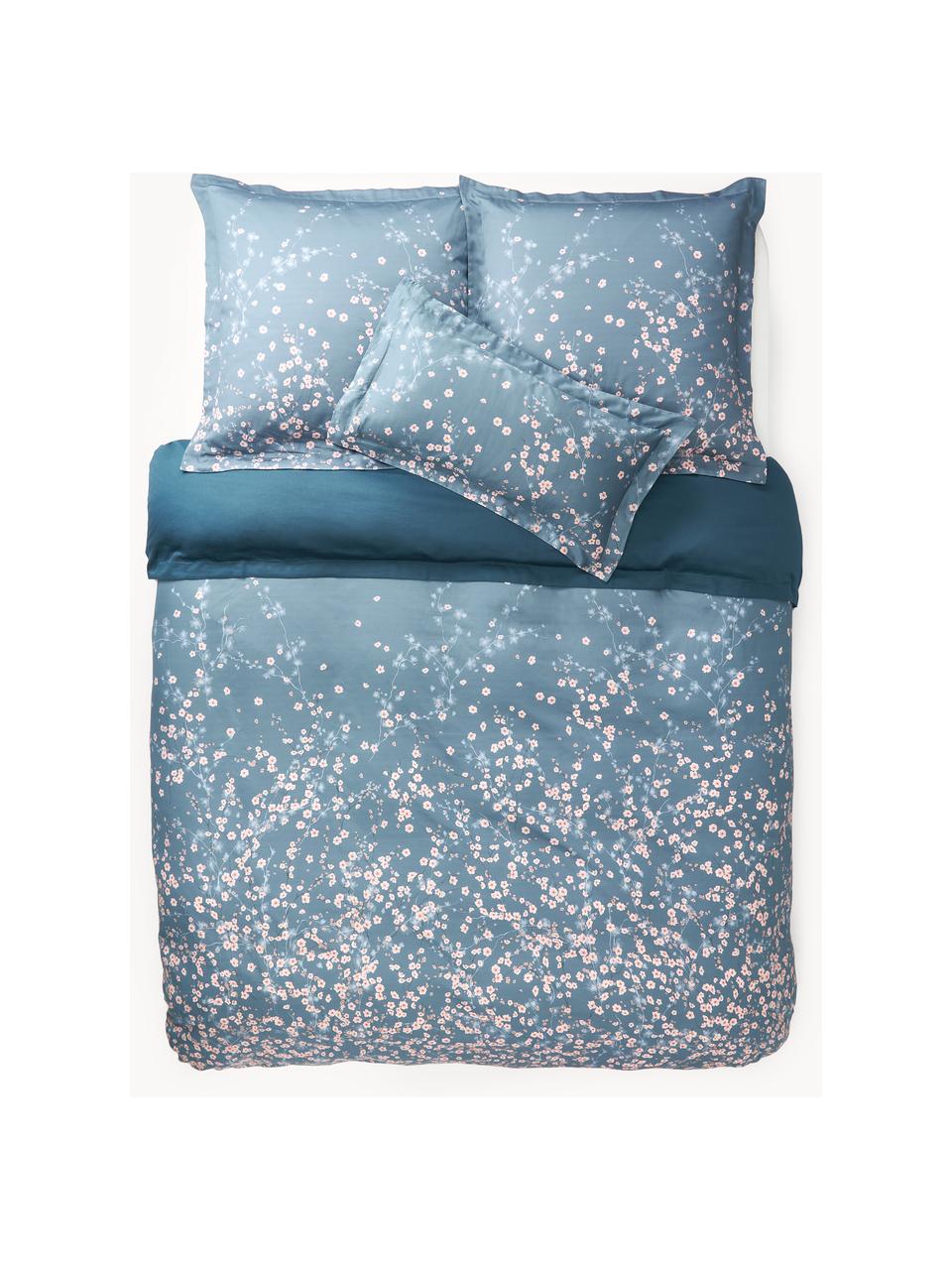 Baumwollsatin-Bettdeckenbezug Sakura mit Blumen-Print in Marineblau, Webart: Satin Fadendichte 250 TC,, Blau, B 200 x L 200 cm