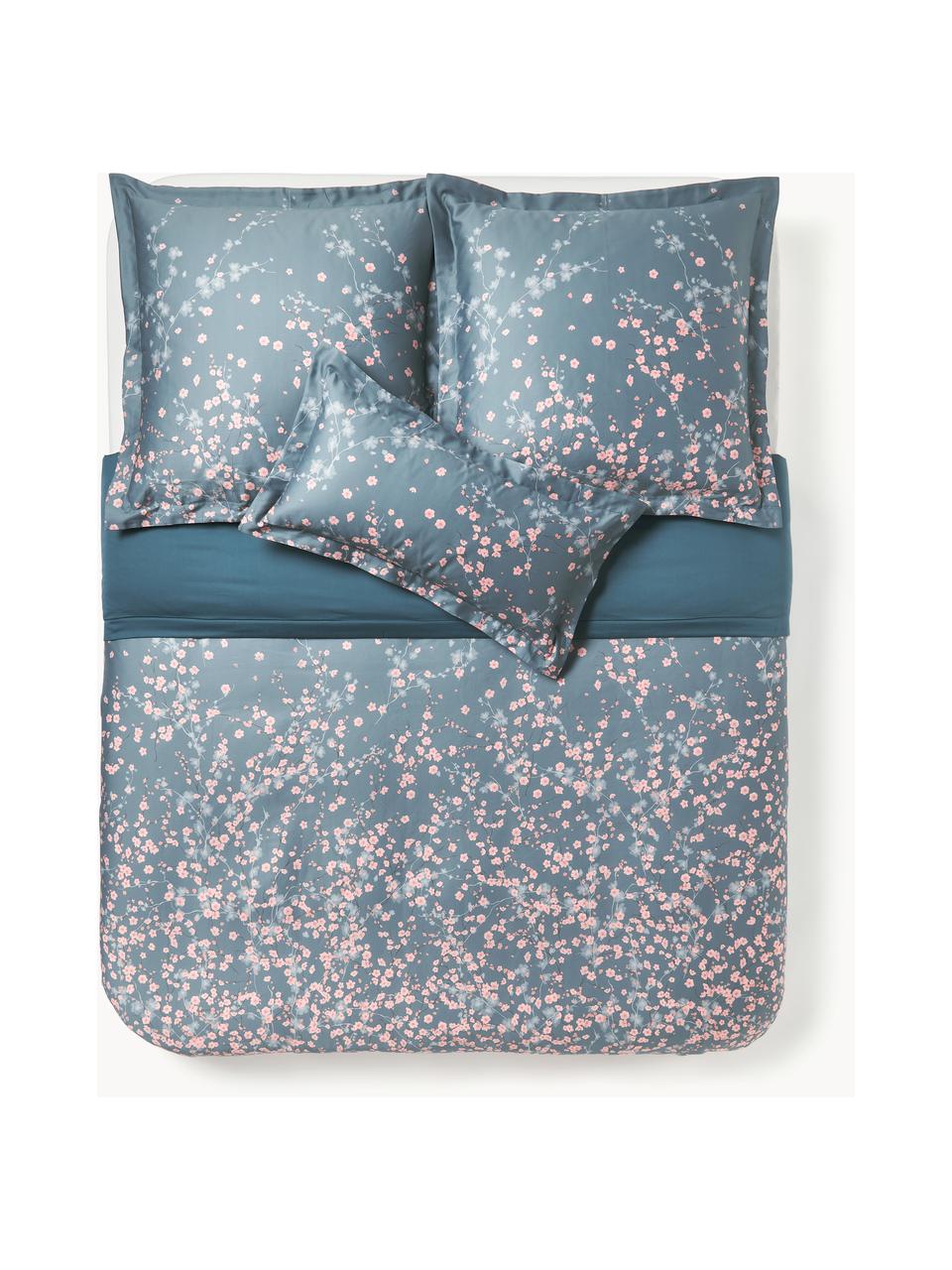 Housse de couette en satin de coton à motif floral Sakura, Bleu, rose, larg. 260 x long. 240 cm