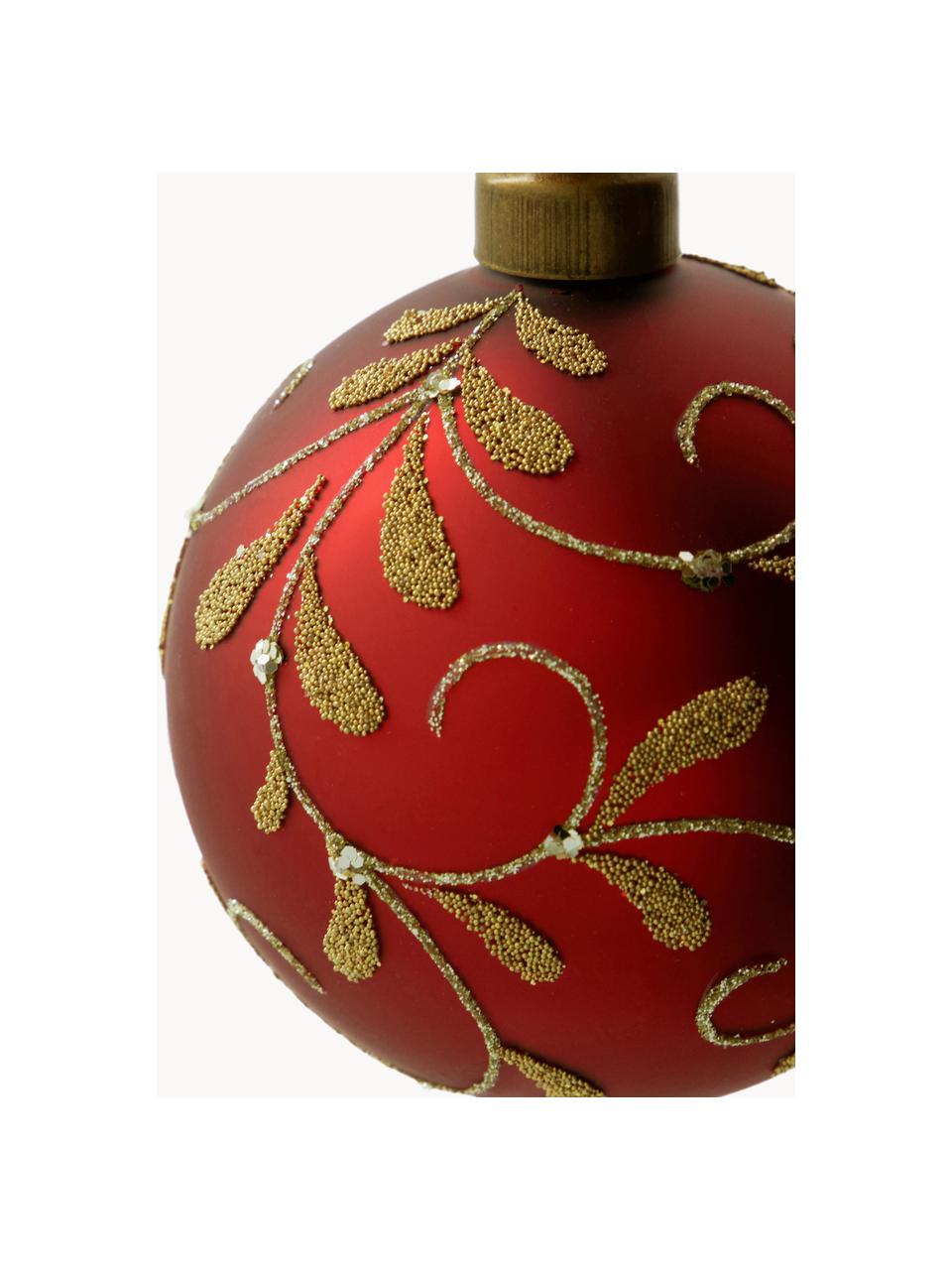 Handbemalte Weihnachtskugeln Flori, 4 Stück, Glas, Weinrot, Goldfarben, Ø 8 cm