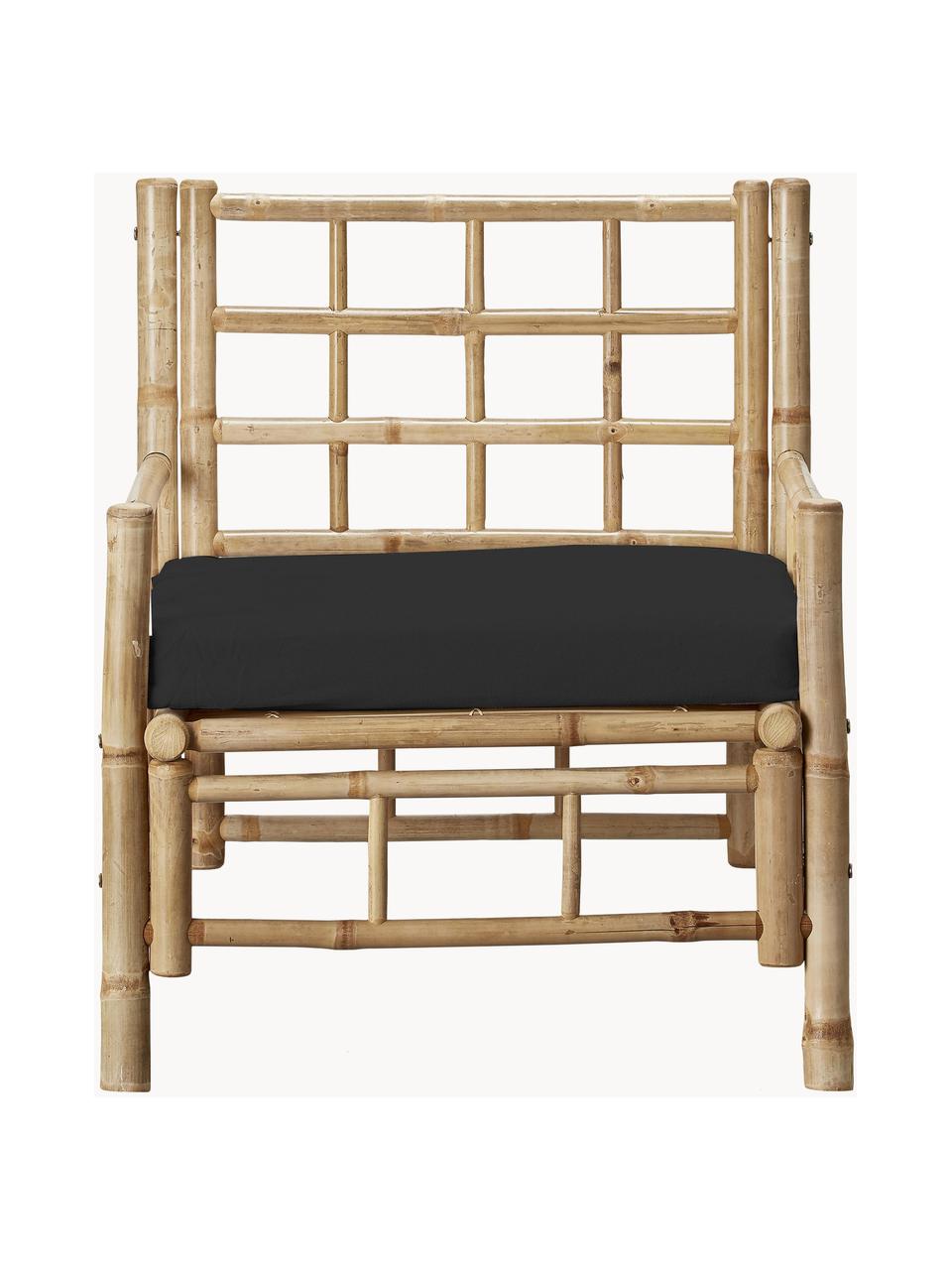 Sillón de bambú para exterior con cojín de asiento Mandisa, Estructura: madera de bambú, Funda: lona, Bambú, negro, An 70 x F 80 cm