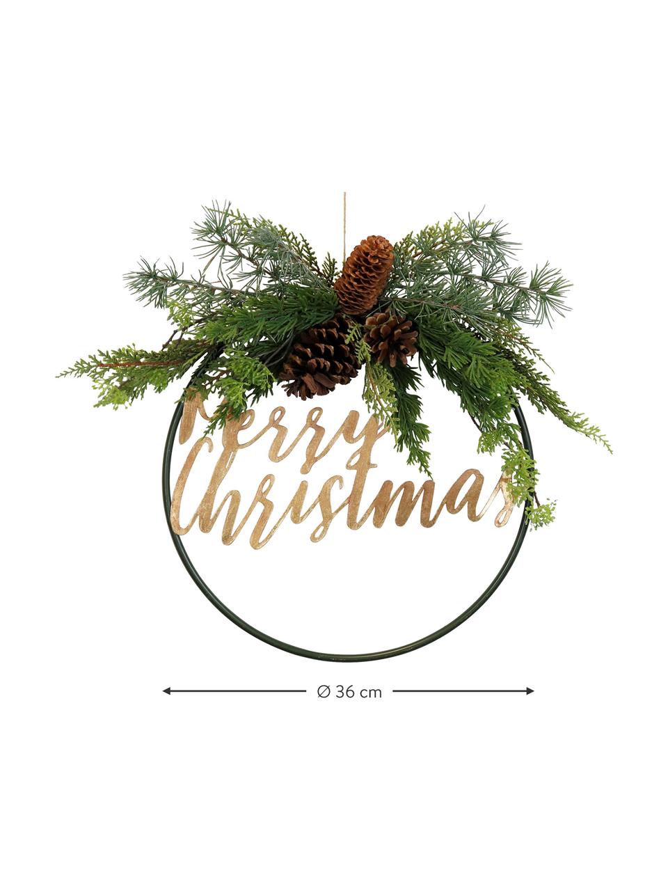 Couronne décorative Merry Christmas, Métal, plastique, cônes, Vert, brun, noir, doré, Ø 36 cm