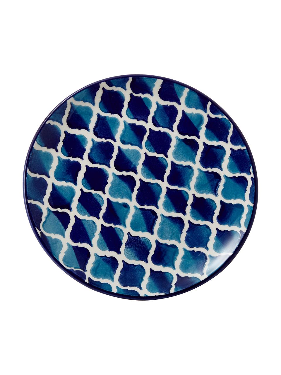 Platos postre artesanales Ikat, 6 uds., Cerámica, Blanco, azul, Ø 21 cm