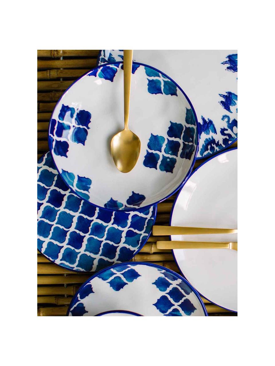 Handgemachte Frühstücksteller Ikat, 6 Stück, Keramik, Weiss, Blau, Ø 21 cm