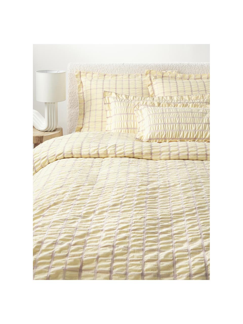 Funda de almohada de sirsaca a cuadros Leonita, Amarillo, lila, An 45 x L 110 cm