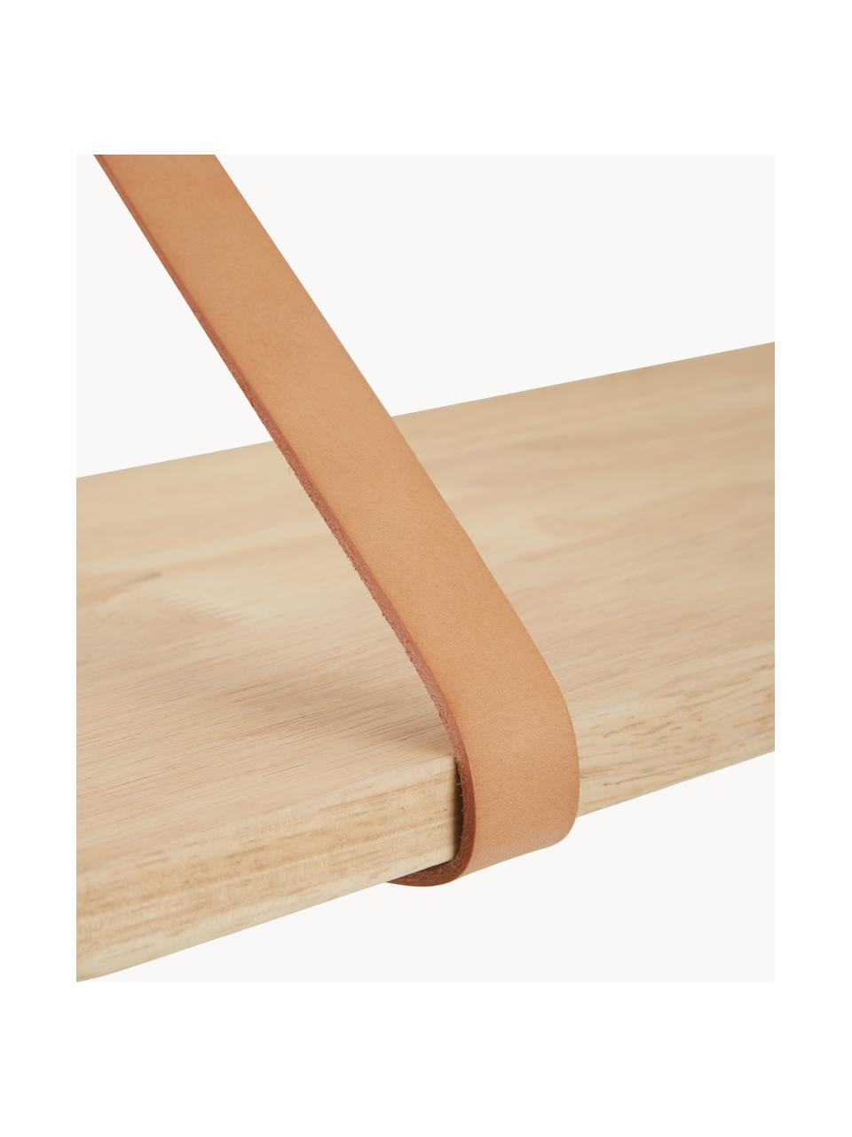 Wandplank Forno met leren riemen, naturel, Plank: rubberhout, naturel, Riemen: leer, Rubberhout, beige, B 80 x D 20 cm