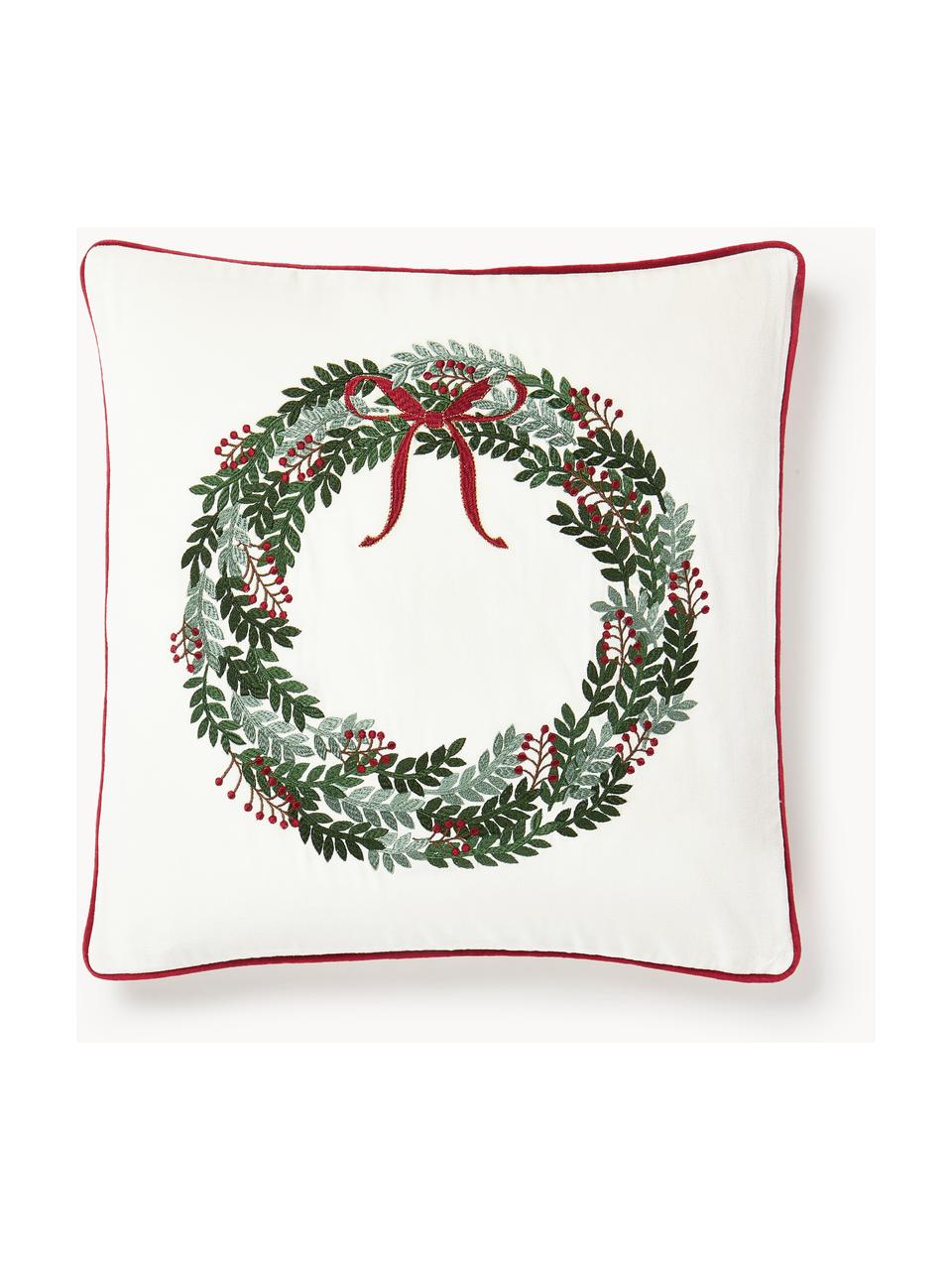 Samt-Kissenhülle Rosaline mit gesticktem Weihnachtskranz, Off White, Grüntöne, Rot, B 50 x L 50 cm