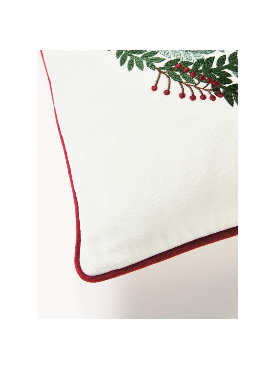 Samt-Kissenhülle Rosaline mit gesticktem Weihnachtskranz, Off White, Grüntöne, Rot, B 50 x L 50 cm