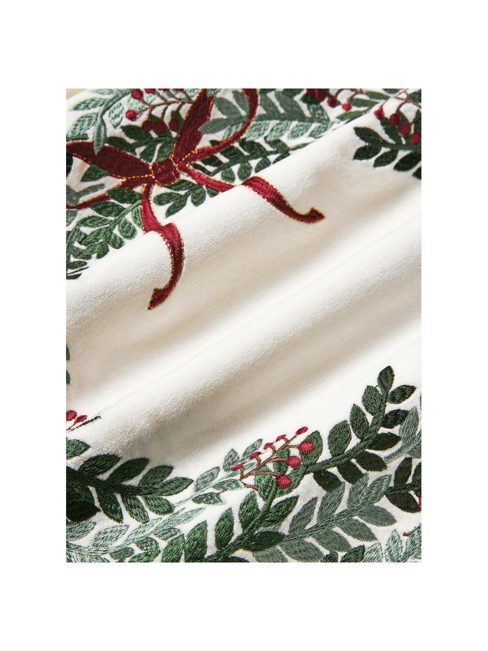 Samt-Kissenhülle Rosaline mit gesticktem Weihnachtskranz, Off White, Grüntöne, Rot, B 50 x L 50 cm