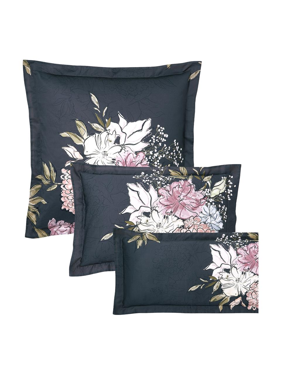 Federa in raso di cotone con stampa floreale Margot, Blu scuro, beige, Larg. 50 x Lung. 80 cm