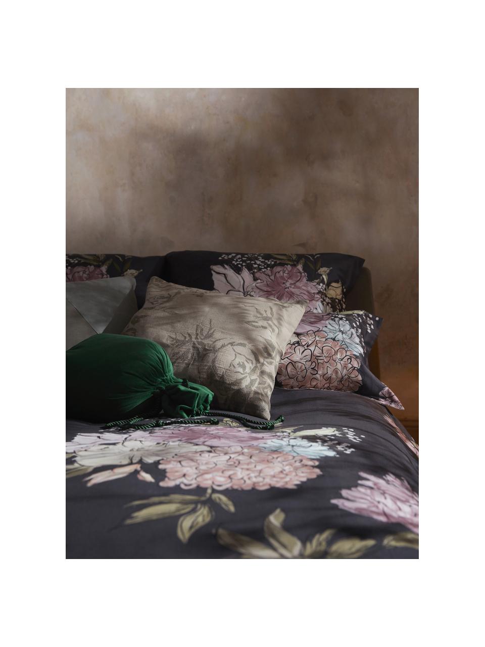Federa in raso di cotone con stampa floreale Margot, Blu scuro, beige, Larg. 50 x Lung. 80 cm