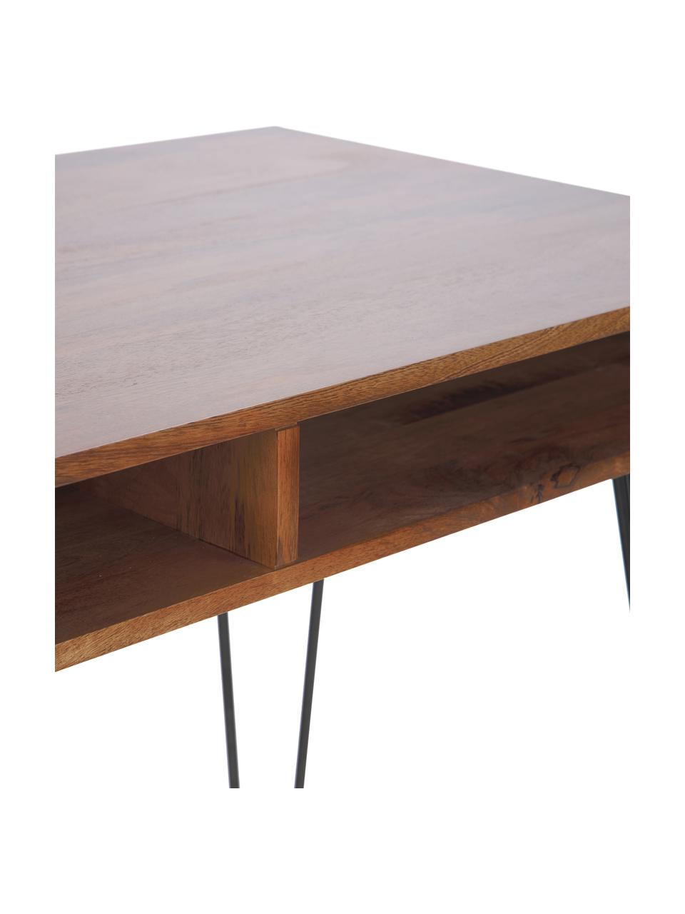 Schreibtisch Tova aus Massivholz und Metall, Korpus: Mangoholz, massiv, lackie, Beine: Metall, pulverbeschichtet, Mangoholz, lackiert, B 110 x T 60 cm