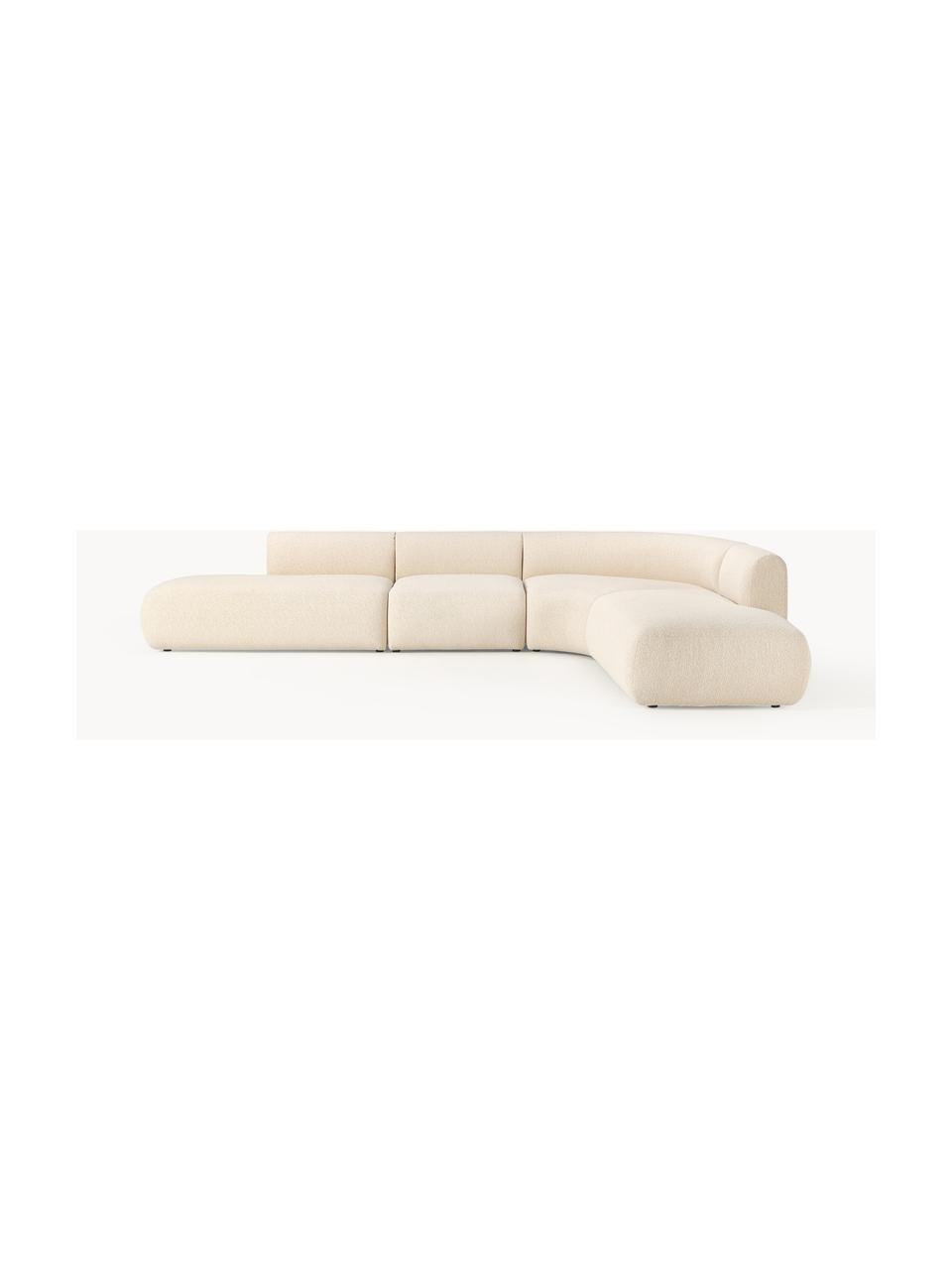 Divano angolare componibile 4 posti in bouclé Sofia, Rivestimento: bouclé (100% poliestere) , Struttura: legno di abete rosso, tru, Piedini: plastica Questo prodotto , Bouclé beige chiaro, Larg. 385 x Prof. 298 cm