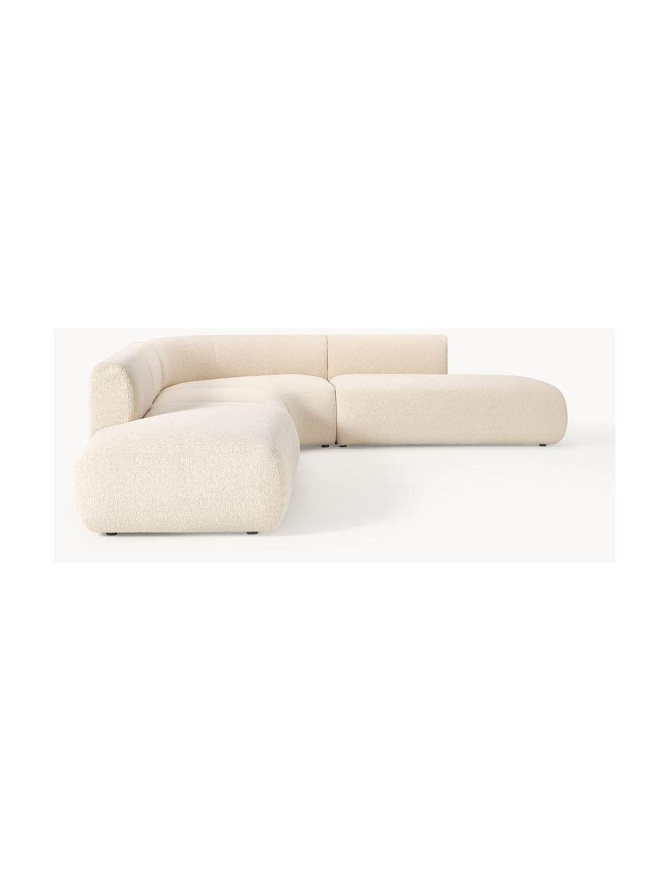 Divano angolare componibile 4 posti in bouclé Sofia, Rivestimento: bouclé (100% poliestere) , Struttura: legno di abete rosso, tru, Piedini: plastica Questo prodotto , Bouclé beige chiaro, Larg. 385 x Prof. 298 cm