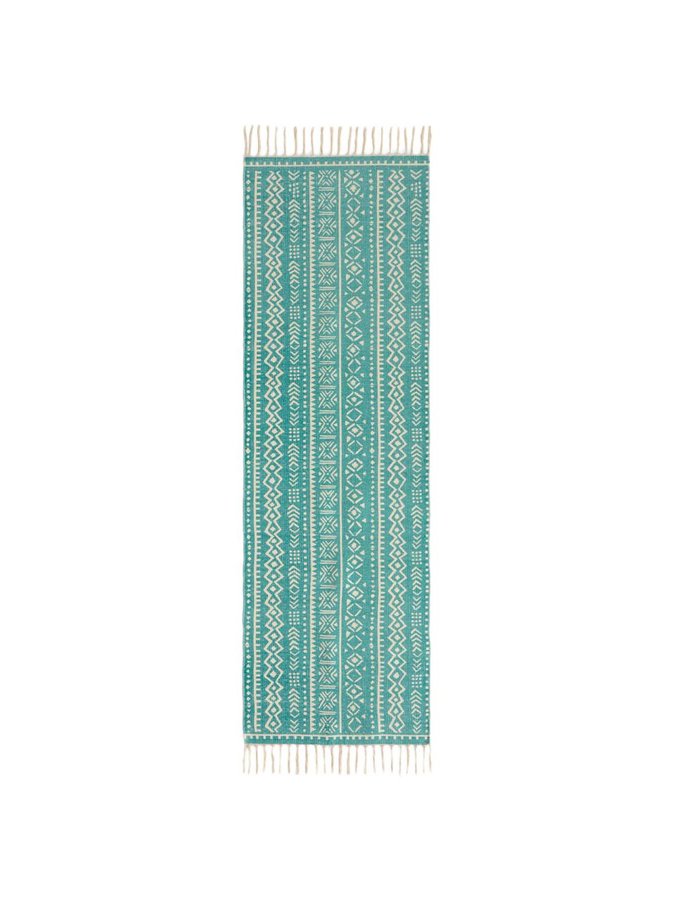 Tapis de couloir à imprimé graphique turquoise et blanc Afra, Turquoise, blanc cassé