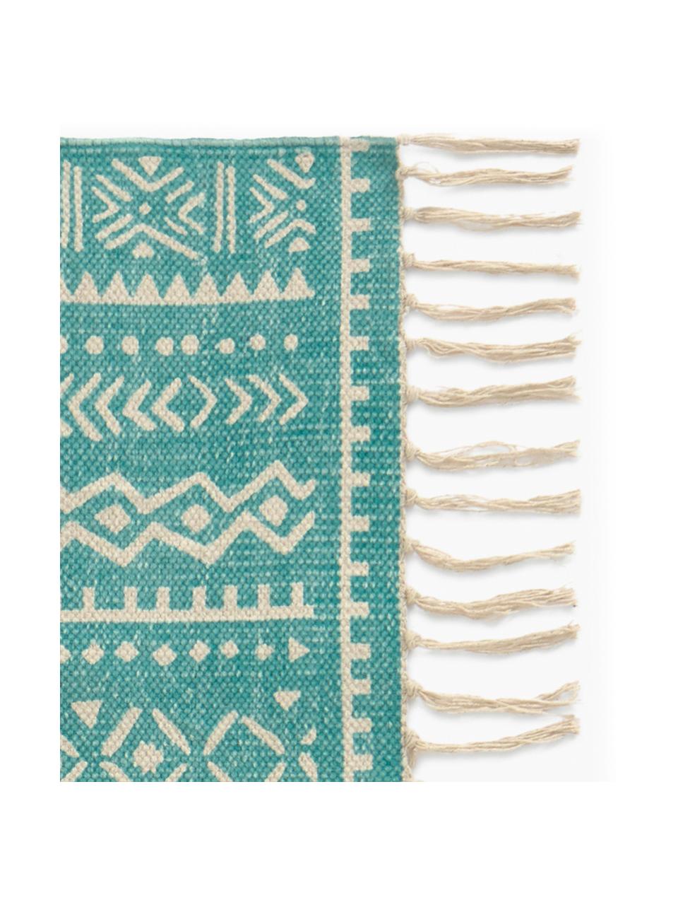 Tapis de couloir à imprimé graphique turquoise et blanc Afra, Turquoise, blanc cassé