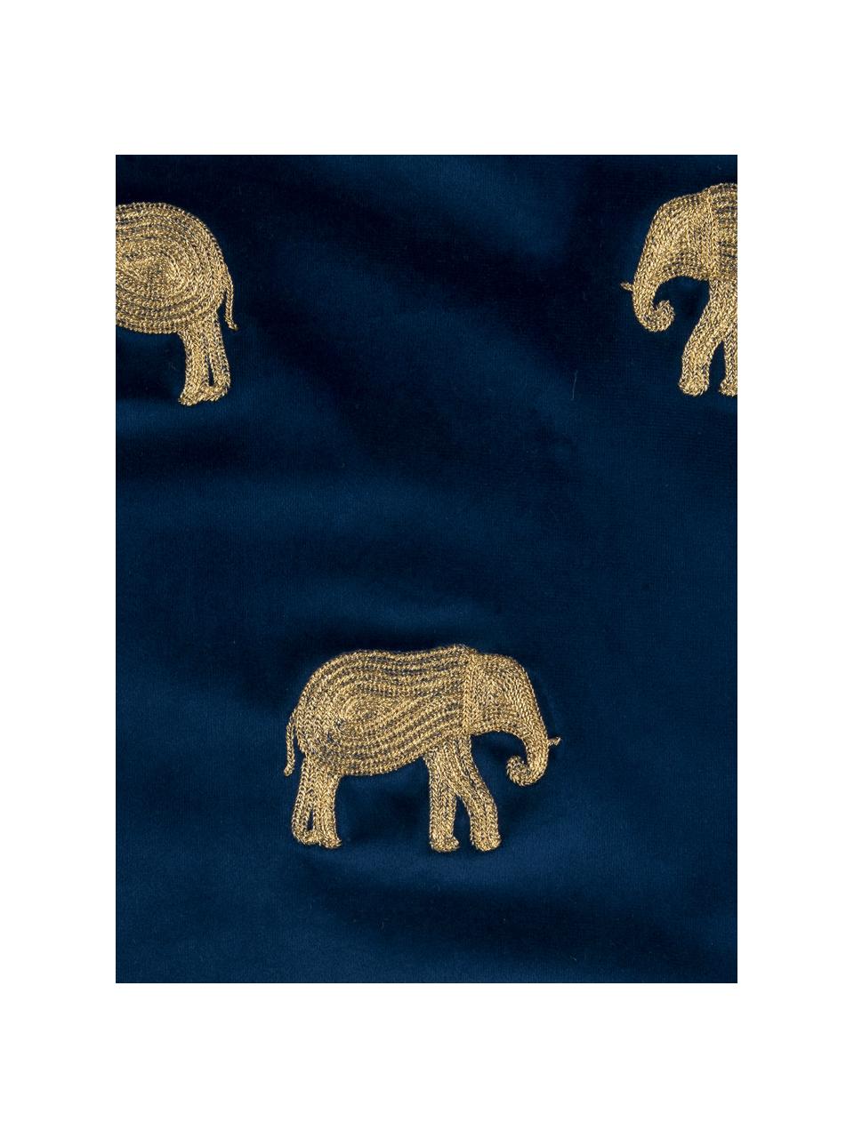Geborduurde fluwelen kussenhoes Elefco, 100% polyester fluweel, Donkerblauw, goudkleurig, B 40 x L 40 cm